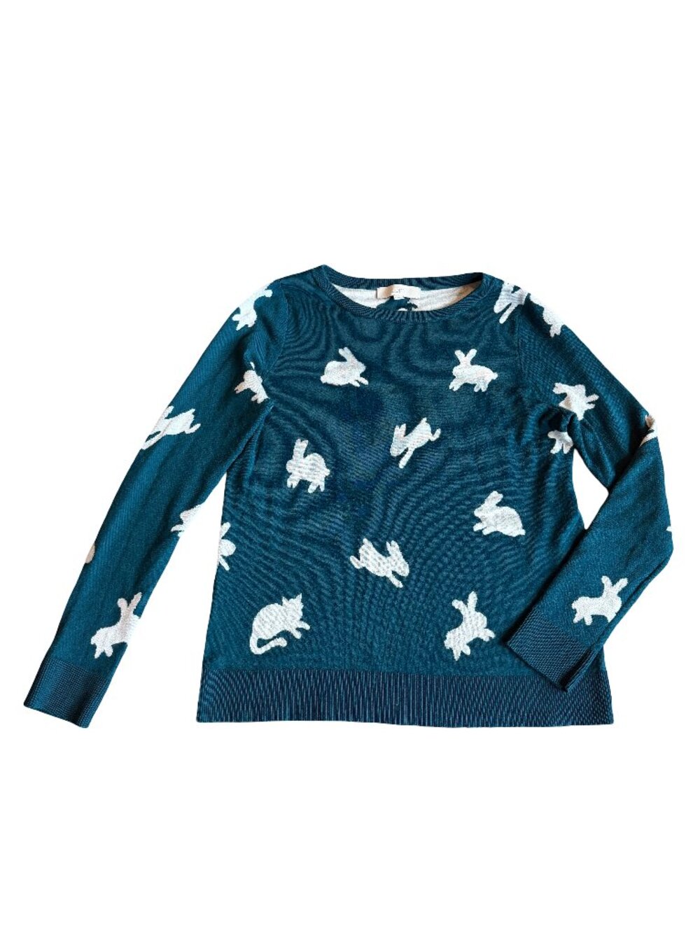 Ann Taylor Loft Teal Rabbit Bunny Print Crew Pullover Sweater Cat Medium Women's